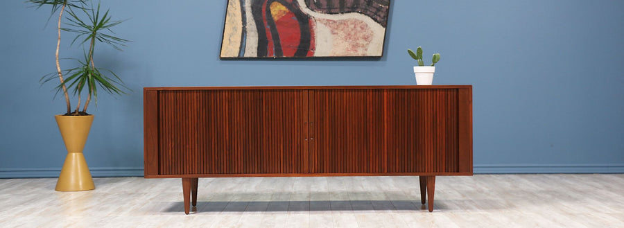 Mid-Century Modern Walnut Tambour Door Credenza