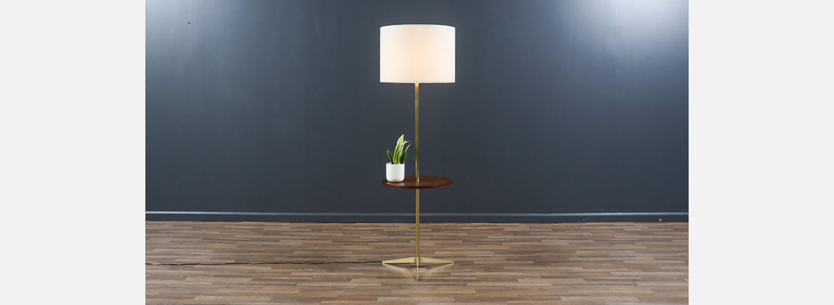 Mid-Century Sculpted Brass Tripod Floor Lamp w/ Side Table by Laurel