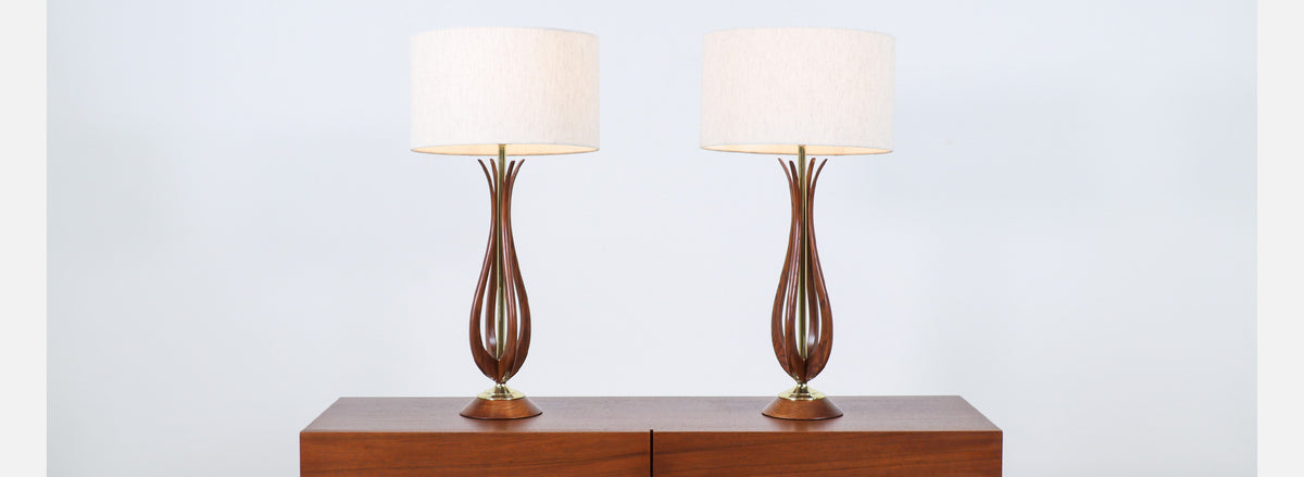 Mid-Century Modern Sculpted Walnut Table Lamps with Brass Accents