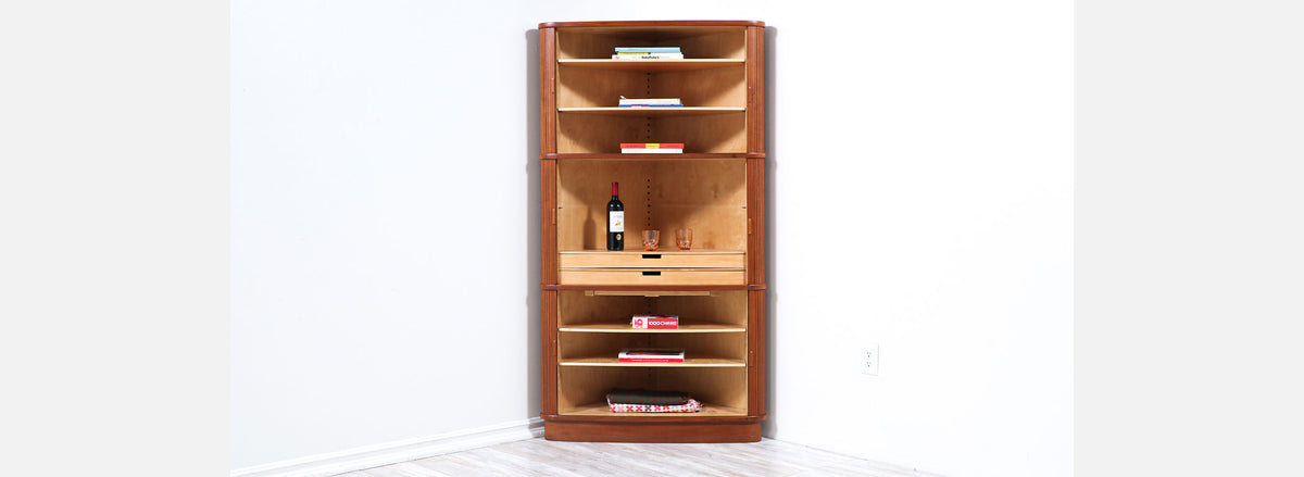 Danish Modern Tambour-Door Teak Corner Cabinet 