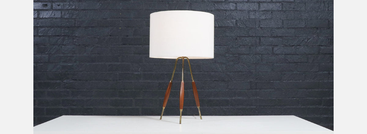 Mid-Century Modern Tripod Brass & Walnut Table Lamp