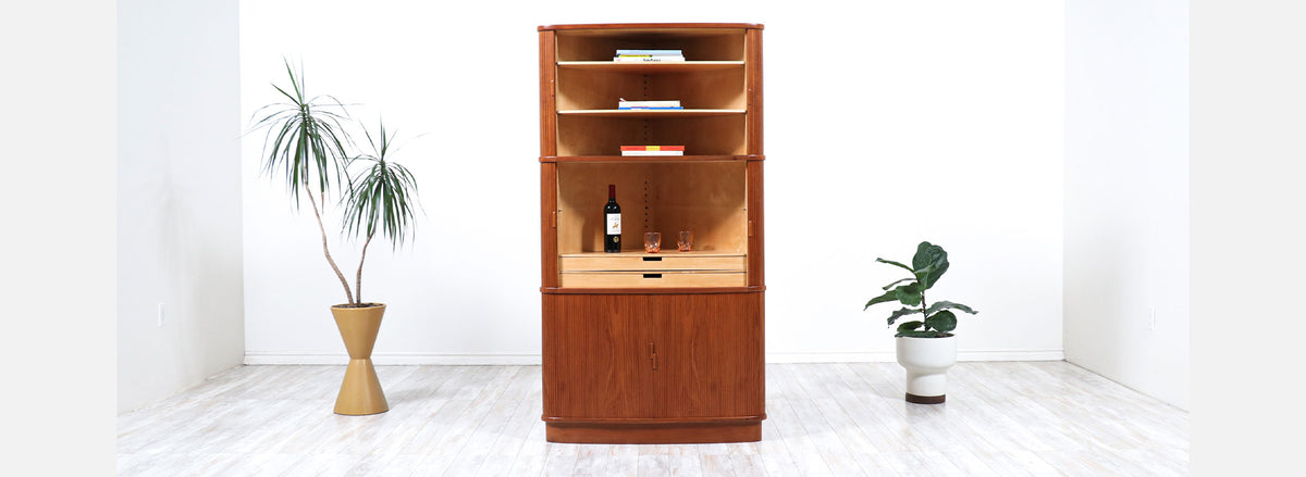 Danish Modern Tambour-Door Teak Corner Cabinet 