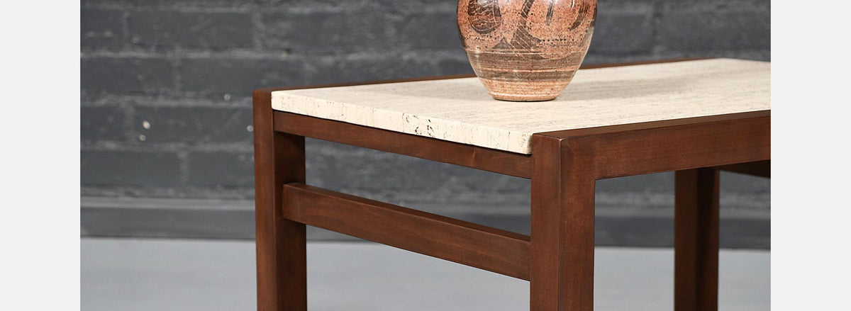 Pair of Californian Modern Travertine Top Side Tables