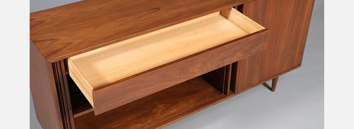 California Modernist Walnut Tambour-Door Credenza by Milo Baughman