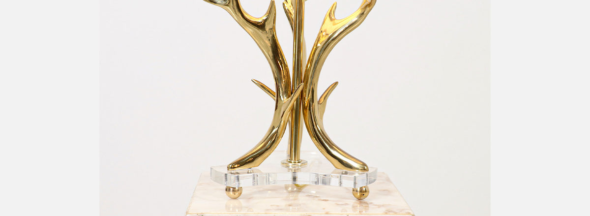 Mid-Century Modern Sculpted Brass Horns & Lucite Table Lamp 