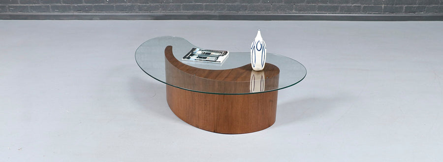 Mid-Century Sculpted Walnut Biomorphic Shaped Coffee Table w/ Glass Top