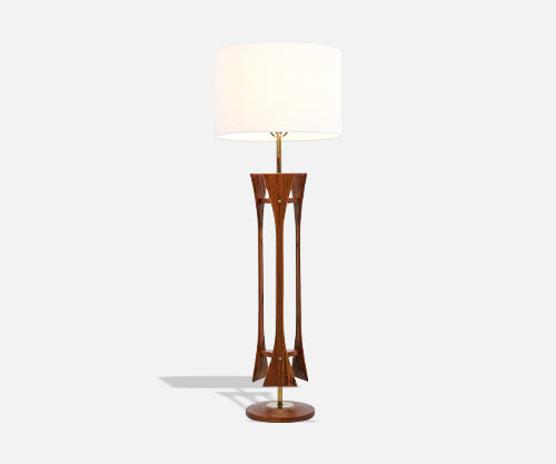 Mid-Century Modern Walnut Sculpted Floor Lamp with Brass Accents