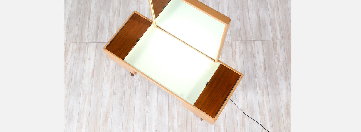 George Nelson Leather & Walnut Illuminated Vanity with Mirror & Ottoman for Herman Miller