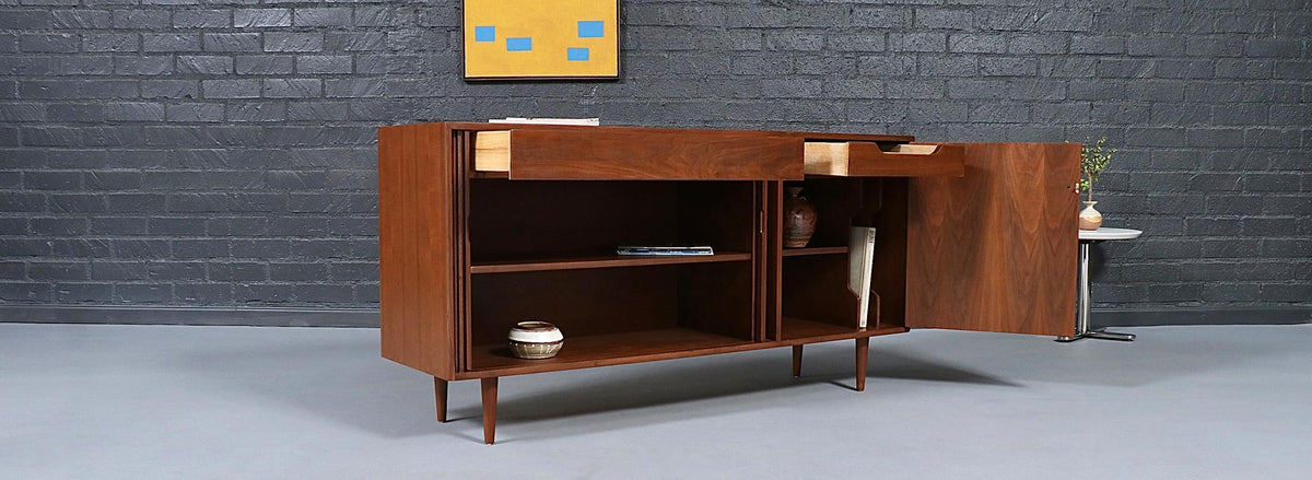 California Modernist Walnut Tambour-Door Credenza by Milo Baughman