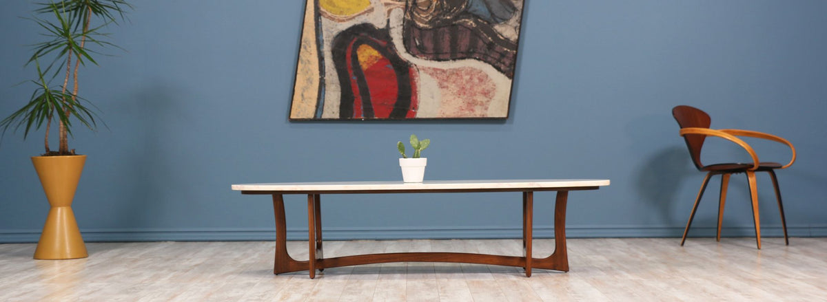 Mid Century Sculpted Walnut Coffee Table with Marble Top
