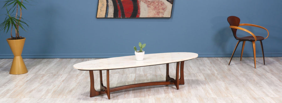 Mid Century Sculpted Walnut Coffee Table with Marble Top