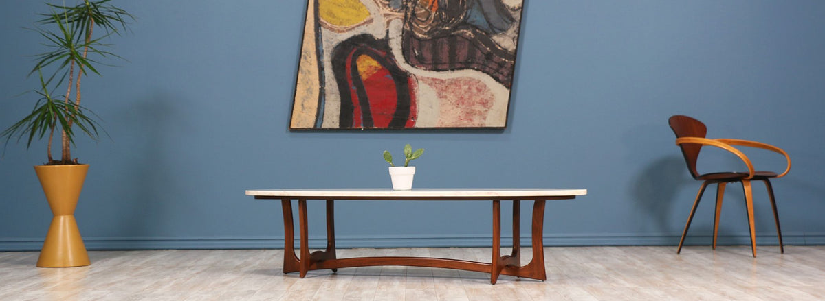 Mid Century Sculpted Walnut Coffee Table with Marble Top