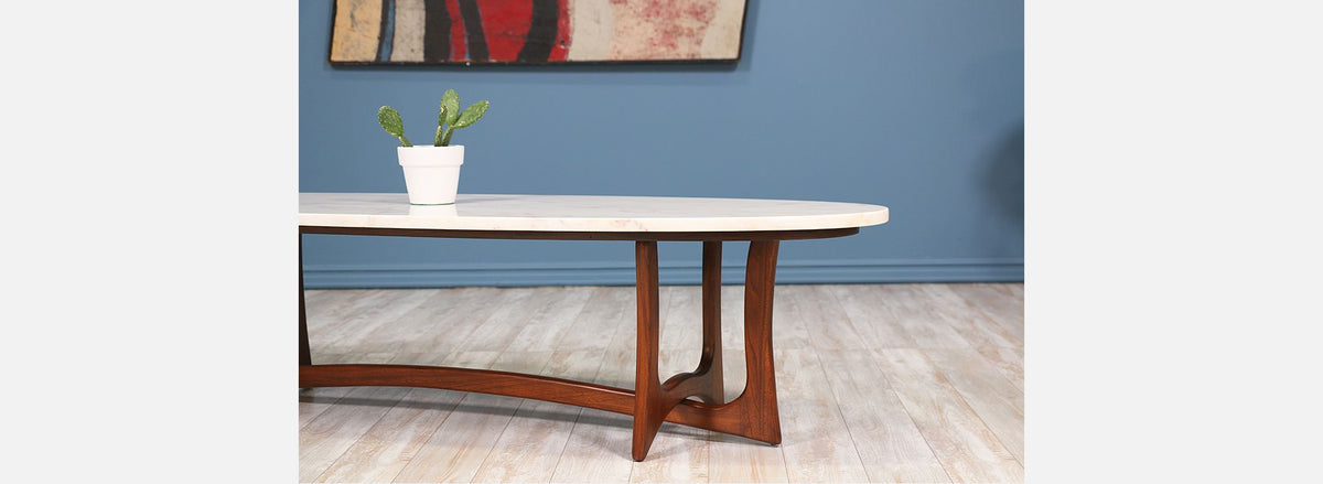 Mid Century Sculpted Walnut Coffee Table with Marble Top