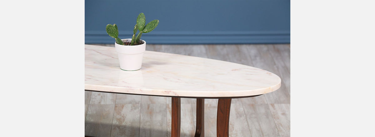 Mid Century Sculpted Walnut Coffee Table with Marble Top