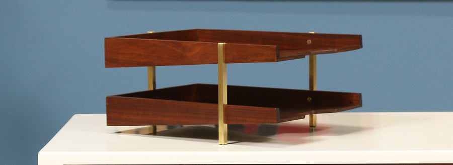 Mid Century Walnut & Brass Paper Tray Holder