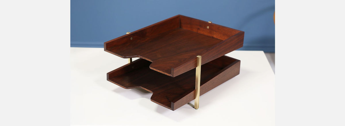 Mid Century Walnut & Brass Paper Tray Holder