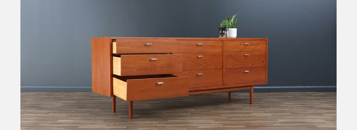 Danish Modern 9-Drawer Teak Dresser with Steel Pulls