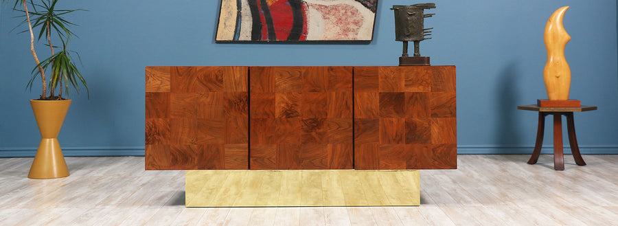 Milo Baughman Burl Walnut Credenza Raised on Brass Plinth for Thayer Coggin