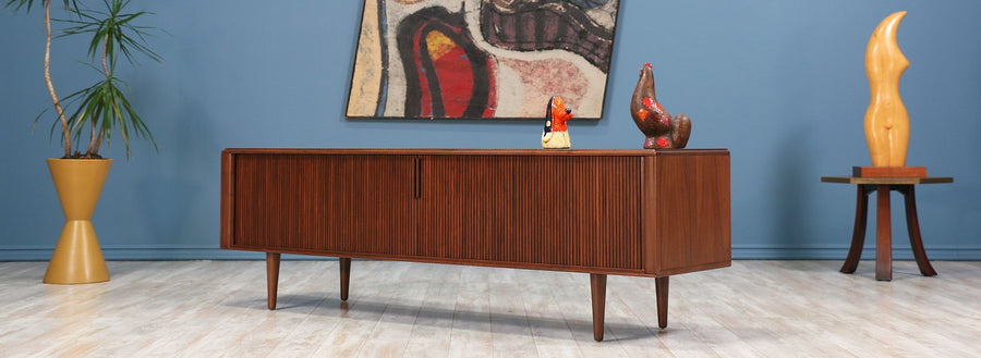 Mid Century Modern Tambour-Door Walnut Credenza-2
