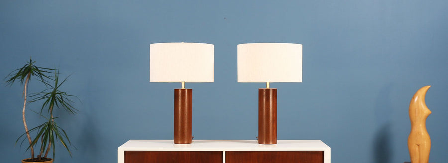 Mid-Century Cylindrical Walnut Table Lamps