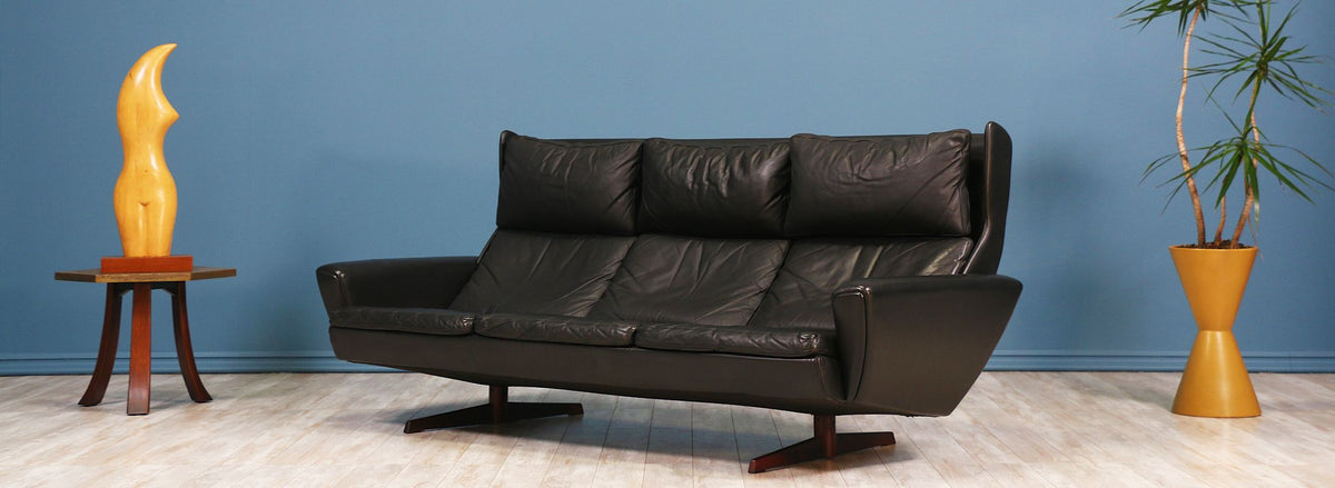 Georg Thams Leather & Rosewood Wing Back Sofa for Vejen Polstermøbelfabrik