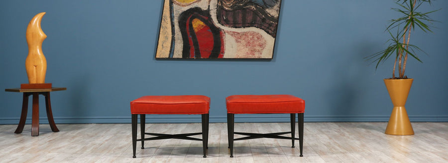 Edward J. Wormley "Thebes" Red Leather Stools for Dunbar 