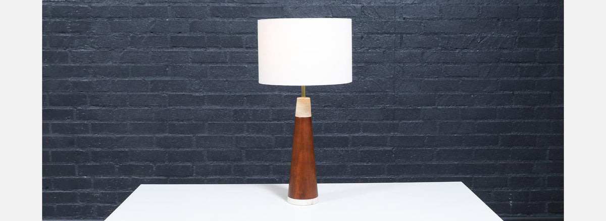 Italian Travertine & Walnut Cone Style Table Lamp