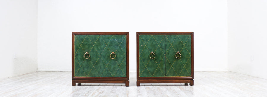 Tommi Parzinger Green Leather Front Cabinets With Brass Pulls for Charak Modern