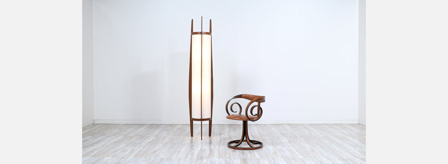 California Modern Sculpted Walnut Floor Lamp with New Linen Shade by Modeline