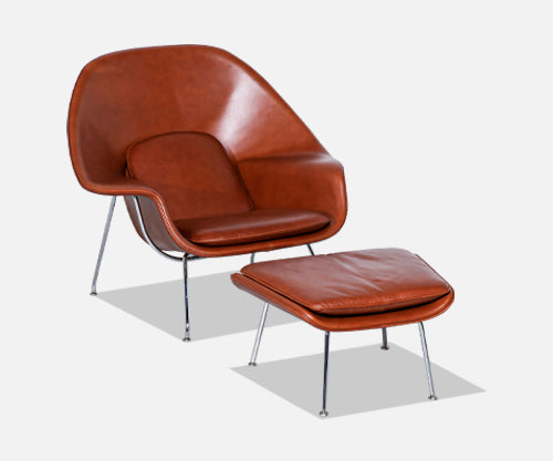 Vintage "Womb" Cognac Leather Chair with Ottoman by Eero Saarinen for Knoll
