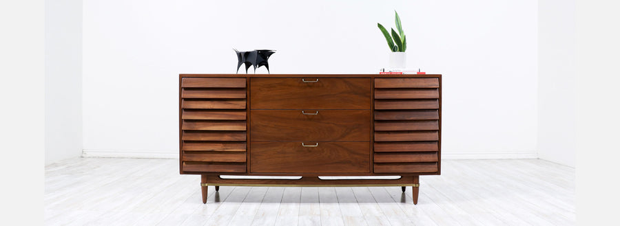 Merton L. Gershun Walnut Dresser with Brass Accents for American of Martinsville