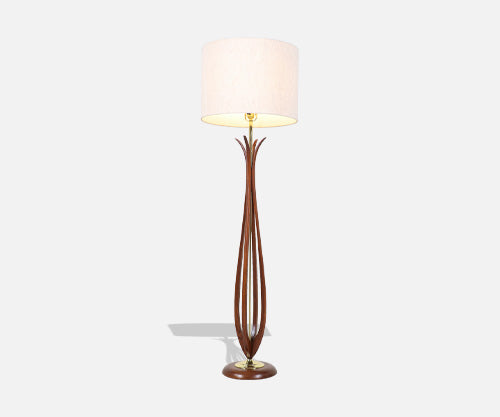 Mid-Century Modern Sculpted Walnut Floor Lamp with Brass Accents 