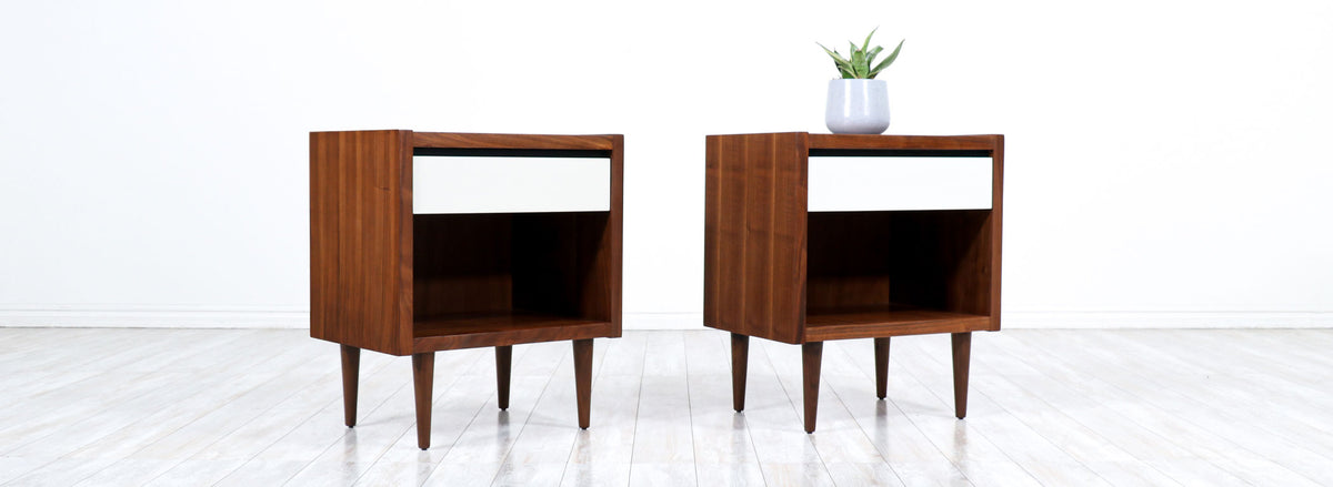 Mid-Century Walnut Night Stands with Lacquered Accent Drawers by Lane Furniture
