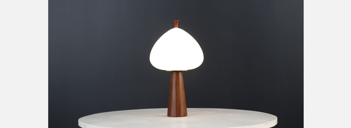 Mid-Century Modern Mushroom Glass & Walnut Lamp by Laurel