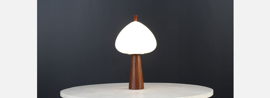 Mid-Century Modern Mushroom Glass & Walnut Lamp by Laurel