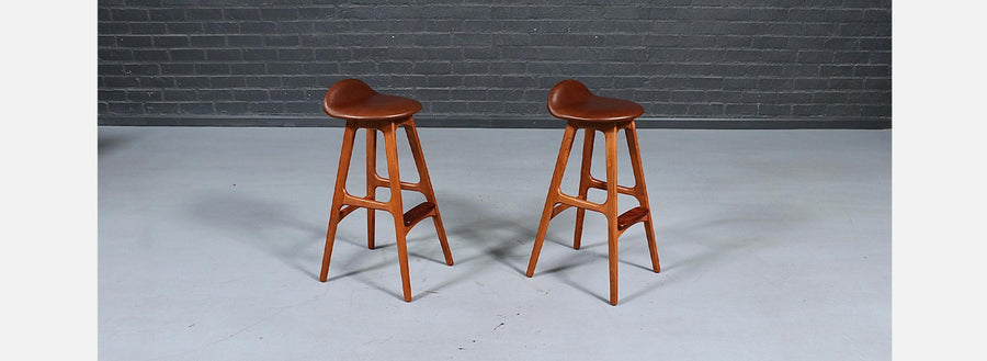 Erik Buch Teak & Cognac Leather Bar Stools for Oddense Maskinsnedkeri