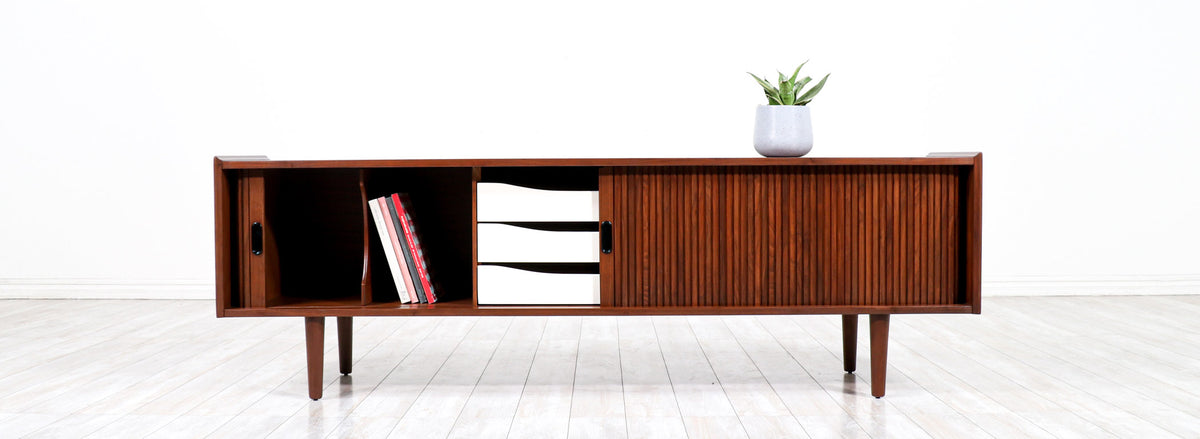 Vintage Merton L. Gershun Tambour-Door Walnut Credenza for Dillingham