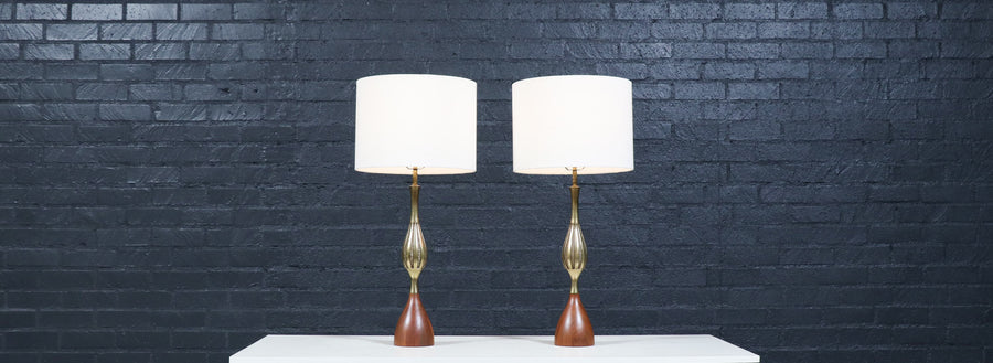 Tony Paul Sculpted Brass & Walnut Table Lamps for Westwood Industries