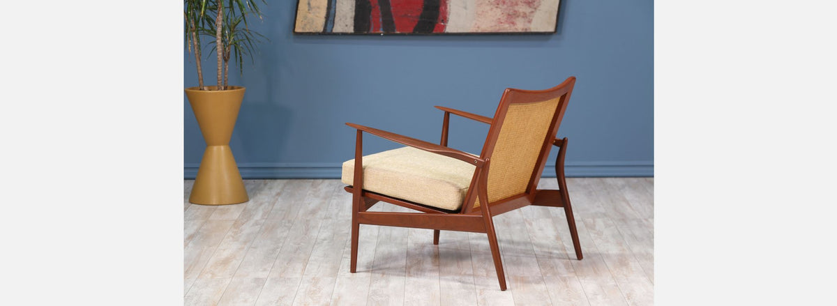 Ib Kofod Larsen “Spear” Teak Lounge Chairs with Cane Backrest