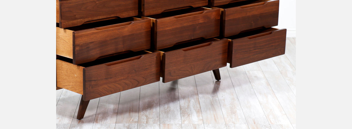 Mid-Century Modern Sculpted Walnut 9-Drawer Dresser 