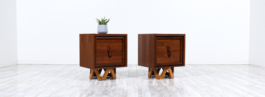 Mid-Century Modern Two-Tone Walnut & Oak Night Stands