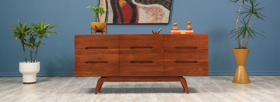 Mid-Century Walnut Dresser with Sculptural Base 