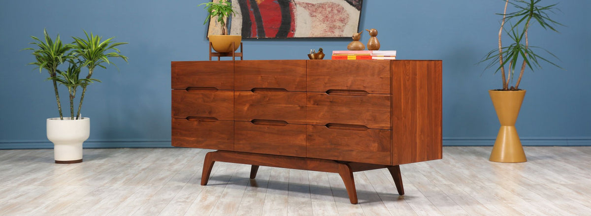 Mid-Century Walnut Dresser with Sculptural Base 