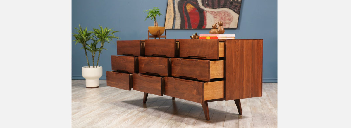 Mid-Century Walnut Dresser with Sculptural Base 