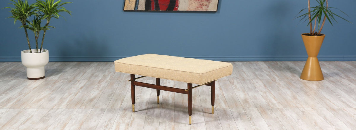 Mid-Century Brass & Walnut Tufted Bench