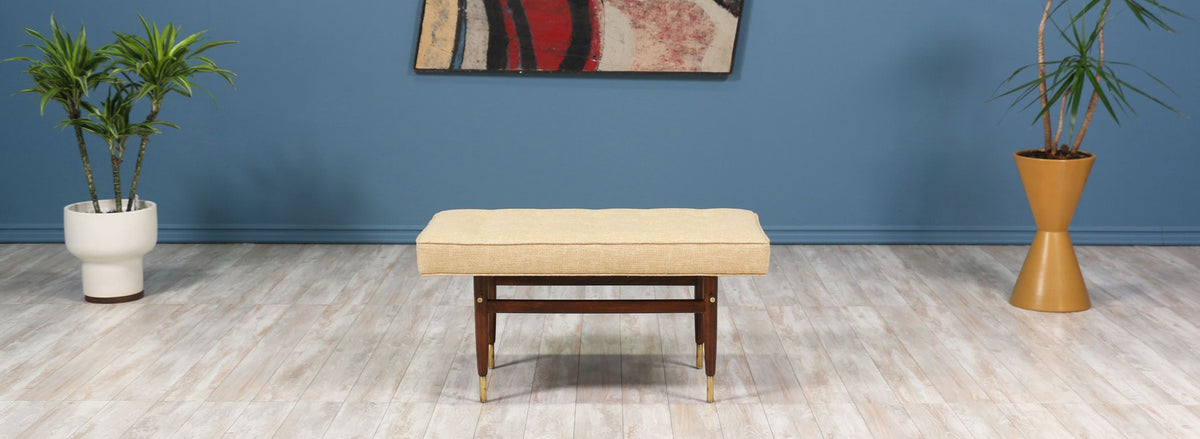 Mid-Century Brass & Walnut Tufted Bench
