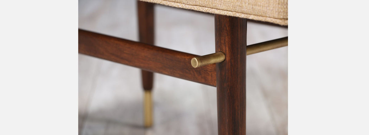 Mid-Century Brass & Walnut Tufted Bench