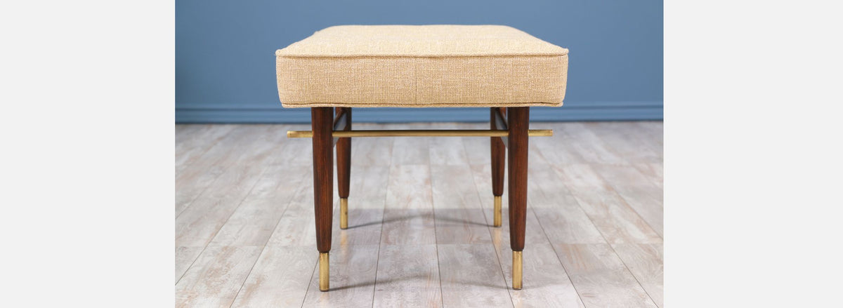 Mid-Century Brass & Walnut Tufted Bench