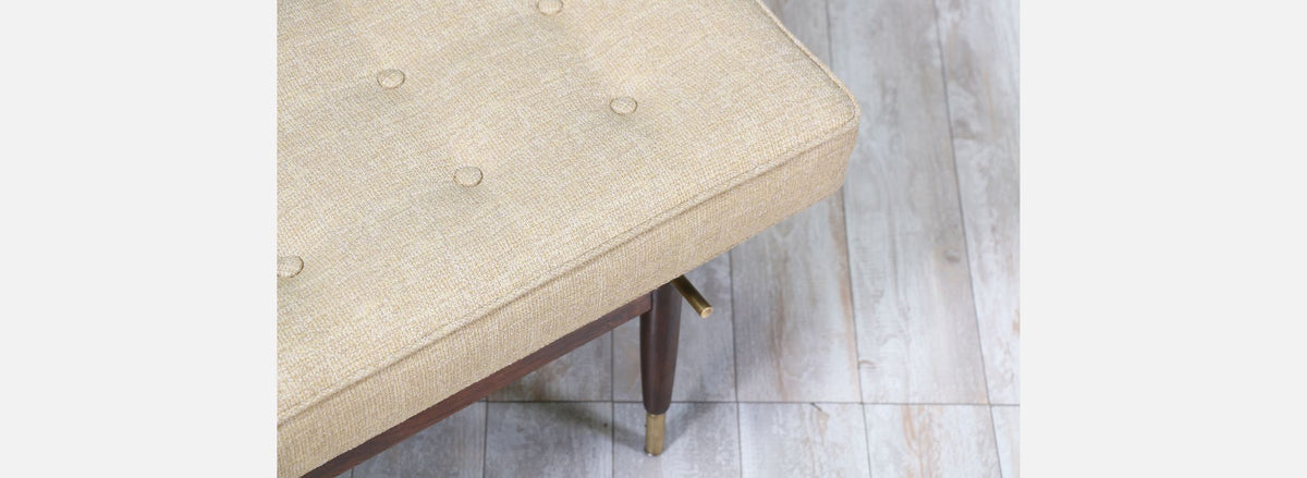 Mid-Century Brass & Walnut Tufted Bench