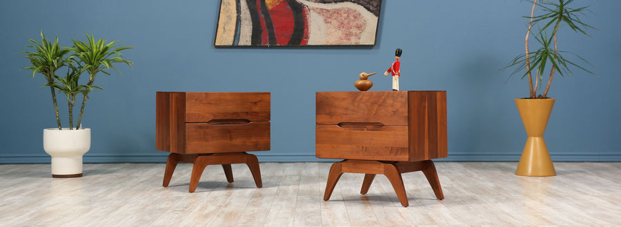 Mid-Century Walnut Night Stands with Sculptural Bases